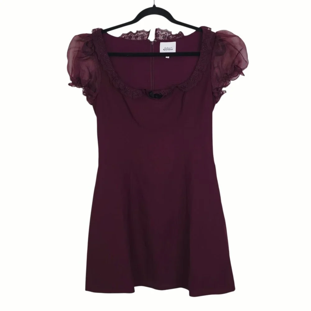 Reformation Kasey Musgraves Bunny Mini Dress Chianti Red Bow Puff‎ Sleeve Size 6